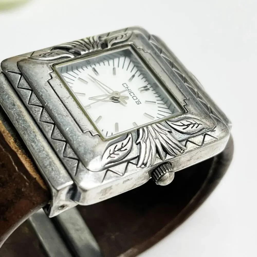 Chico's Silver & Brown Leather Etched Hinge Watch